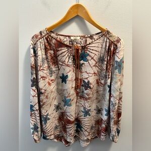 MAHILA Floral Print Blouse S Tassel Tie Neck Boho 100% Modal Peasant Sleeves